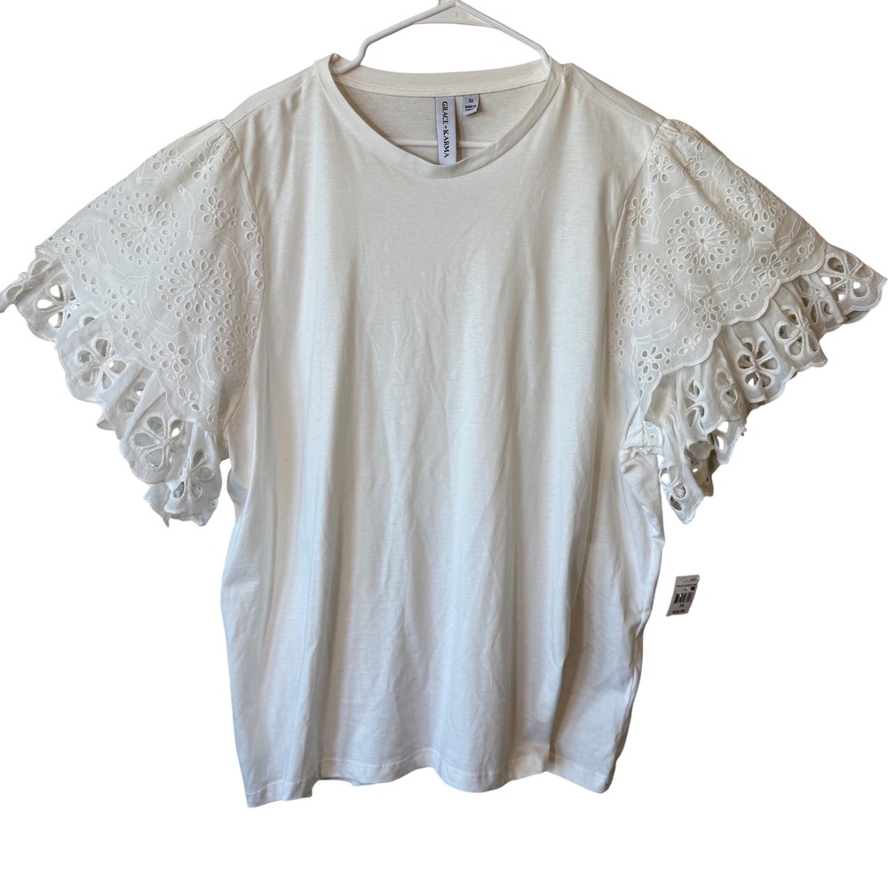 Grace‎ + Karma Womens White Eyelet Ruffle Sleeve Tee Shirt 3X New NWT Cotton
